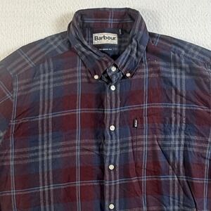 Barbour Button Down Shirt Mens Large Stapleton Highland Check Flannel Burgundy‎
